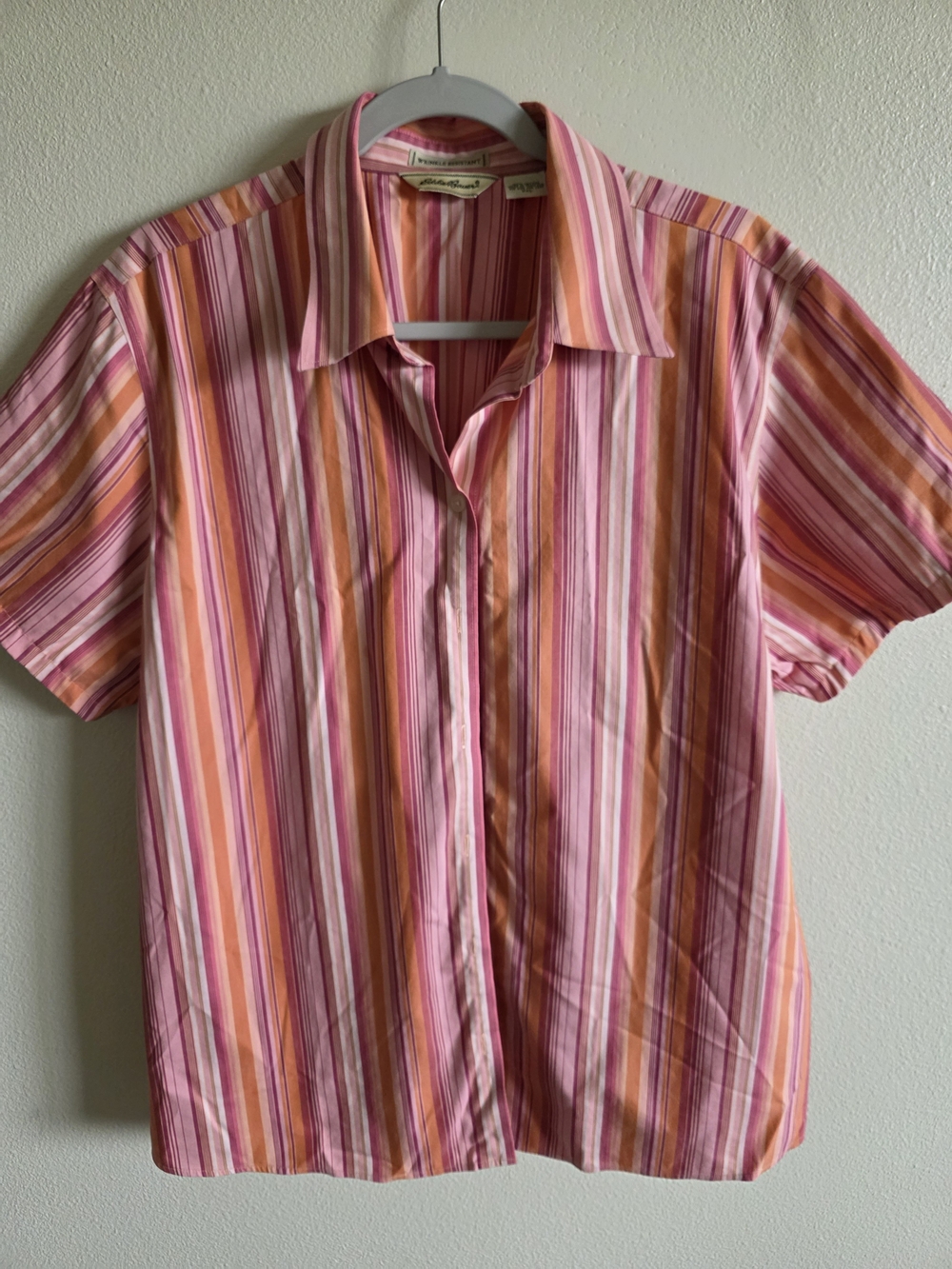 Eddie Bauer Pink and Orange Striped Short-Sleeve Button-Down Shirt